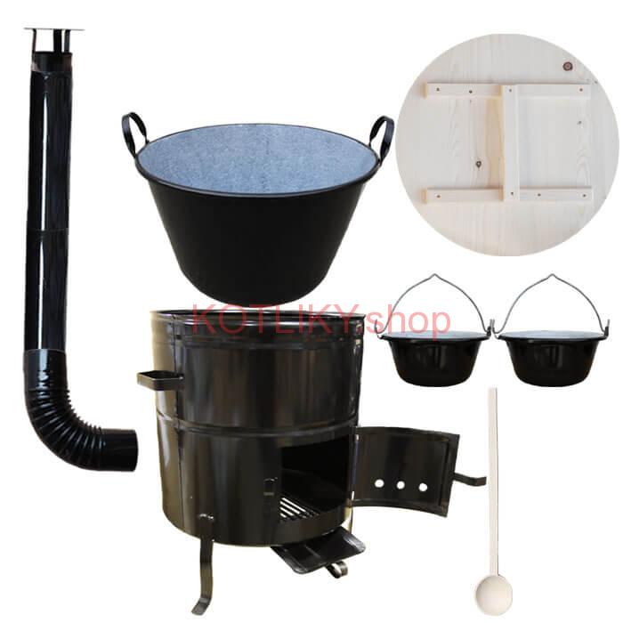 Zabíjačkový smaltovaný kotol 100 L + kovová kotlina 60 cm + 2 servírovacie kotlíky