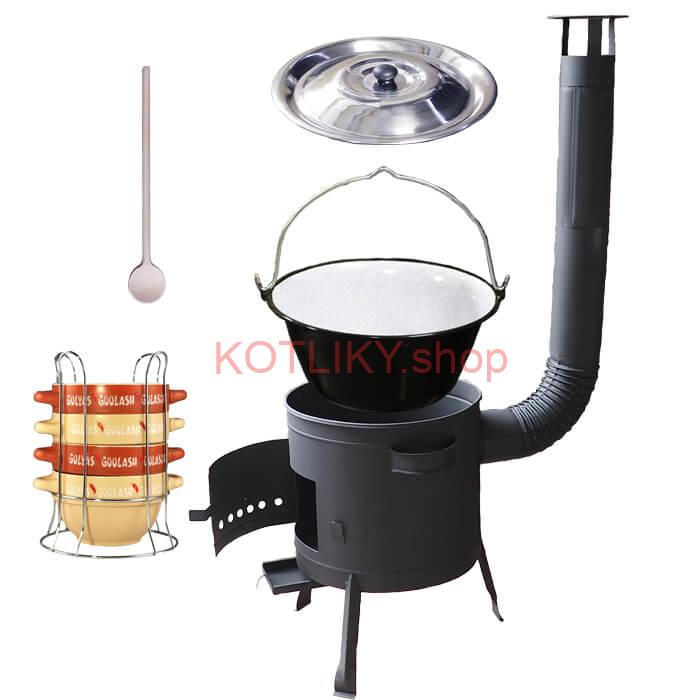 Smaltovaný kotlík 25 L (1,2 mm) + misky na guláš 4 ks + nízka žiaruvzdorná kotlina 42 PLUS 600