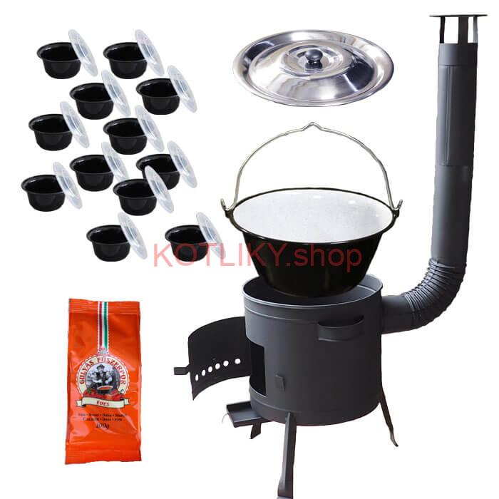 Smaltovaný kotlík 20 L (1,2 mm) + pokrievka + misky 12 ks + nízka žiaruvzdorná kotlina (0,8 mm) 42 PLUS 600