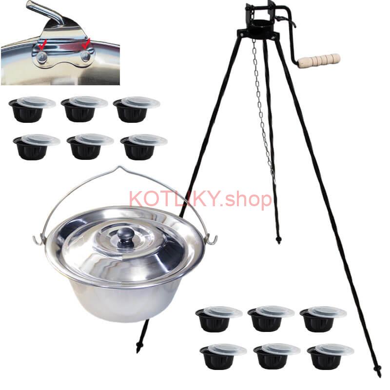 Antikorový kotlík 15 L (0,8 mm) s nitmi + stojan s kladkou VAR + misky 12 ks