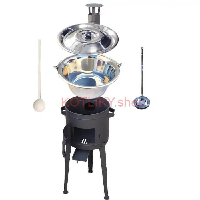 Nerezový kotlík 20 L (1,2 mm) INOX + vysoká žiaruvzdorná kotlina (1,5 mm) HODO 42 cm PLUS 600 + vareška + naberačka