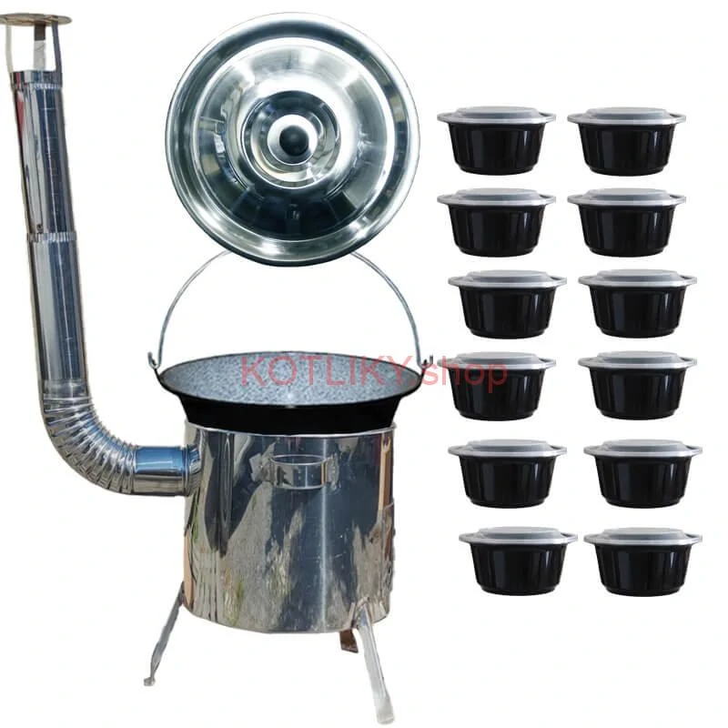 Smaltovaný kotlík 13 L + Nerezová kotlina 36 INOX LUSTRO + misky 12 ks
