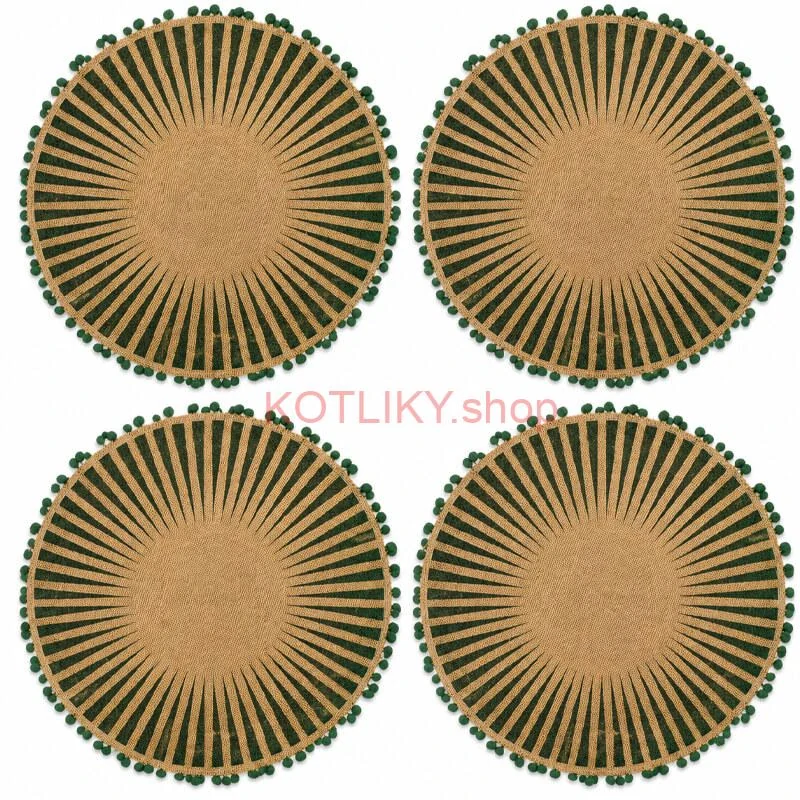 Okrúhle jutové podložky pod tanier zelené s pompónmi 37 cm, 4 ks