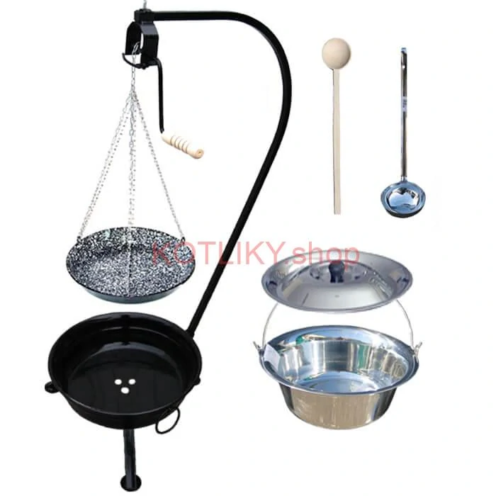 Nerezový kotlík 10 L (1,2 mm) INOX + smaltovaná panvica + ohnisko so stojanom a s poistnou kladkou VAR