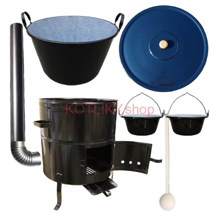 Zabíjačkový smaltovaný kotol 60 L + kovová kotlina 53 cm + 2 servírovacie kotlíky