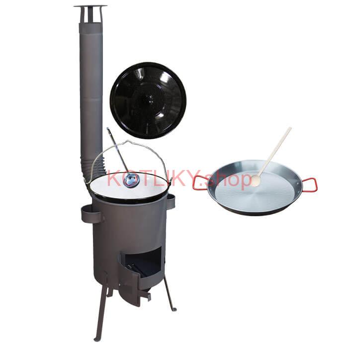 Smaltovaný kotlík 16 L + Paella oceľová panvica 42 cm + žiaruvzdorná kotlina 39 PLUS 600 s roštom na popol 4 mm