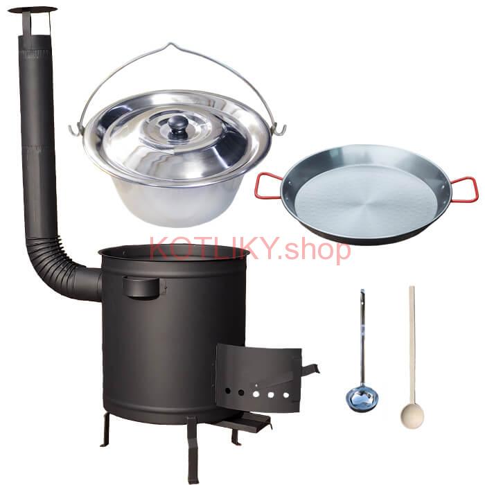 Nerezový kotlík 14 L (0,8 mm) + Paella panvica 38 cm + hrubostenná (1,5 mm) žiaruvzdorná kotlina (1,5 mm) 36 PLUS 600