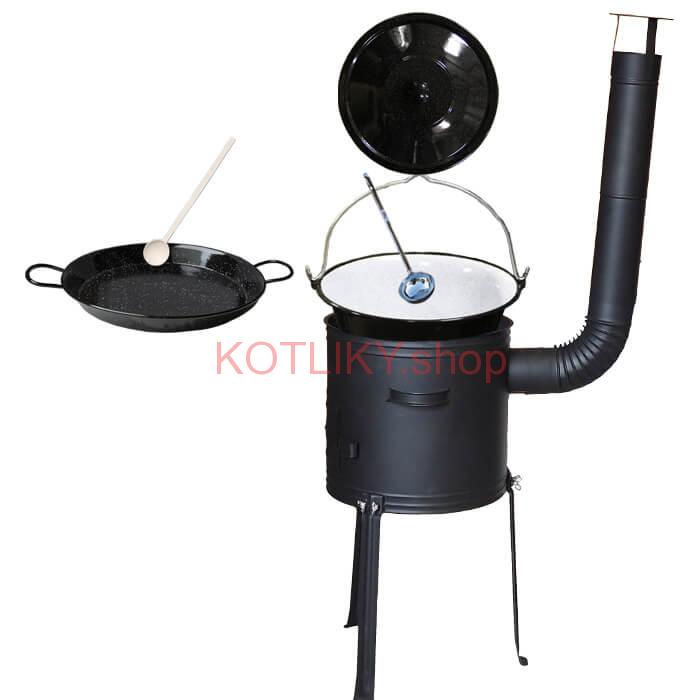 Smaltovaný kotlík 20 L + Paella panvica 46 cm + kovová kotlina s vysokými nožičkami 42 cm, žiaruvzdorná farba Plus 700