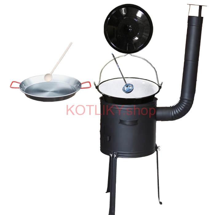 Smaltovaný kotlík 20 L + Paella panvica 46 cm + kovová kotlina s vysokými nožičkami 42 cm, žiaruvzdorná farba Plus 700