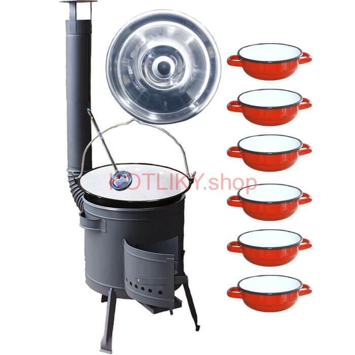 Smaltovaný kotlík 25 L + selské misky 6 ks + nízka žiaruvzdorná kotlina 42 cm PLUS 600