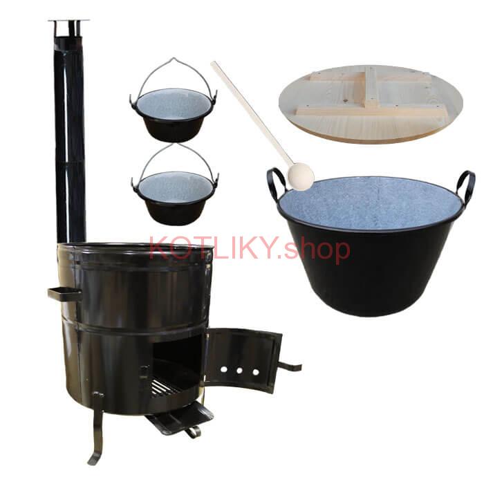 Zabíjačkový smaltovaný kotol 100 L + kovová kotlina 60 cm + 2 servírovacie kotlíky