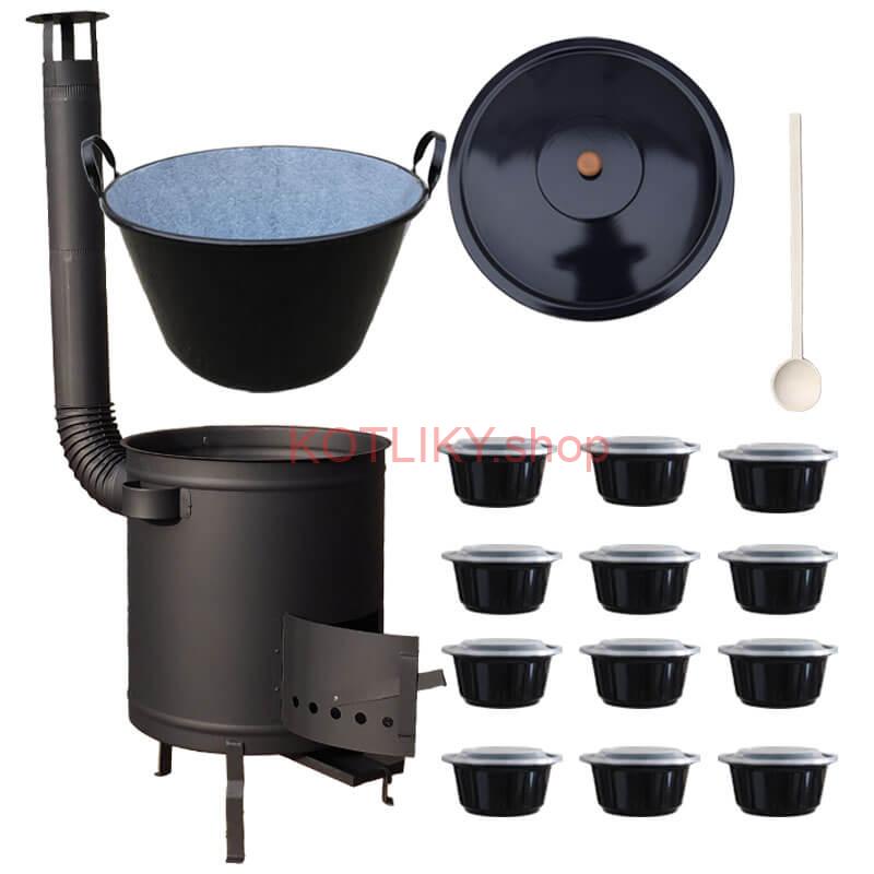 Smaltovaný kotol 60 L + hrubostenná kotlina 53 cm (1,5 mm) STRONG PLUS 600 + misky 12 ks