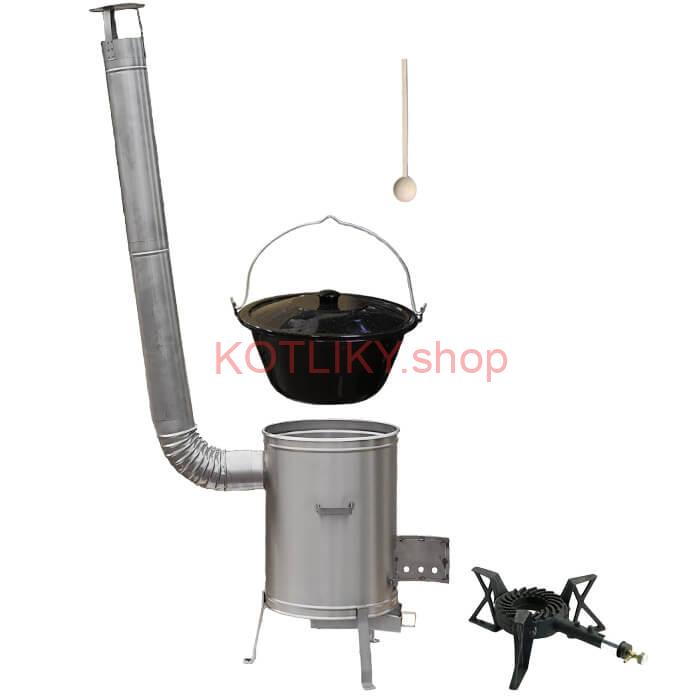 Smaltovaný kotlík 13 L (1,2 mm) + nerezová kotlina 36 cm + liatinový horák 7 kW, vareška LUX