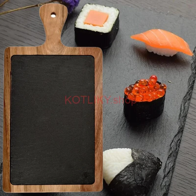 Servírovací podnos s bridlicovou doskou a rukoväťou z akáciového dreva 26 x 18 cm