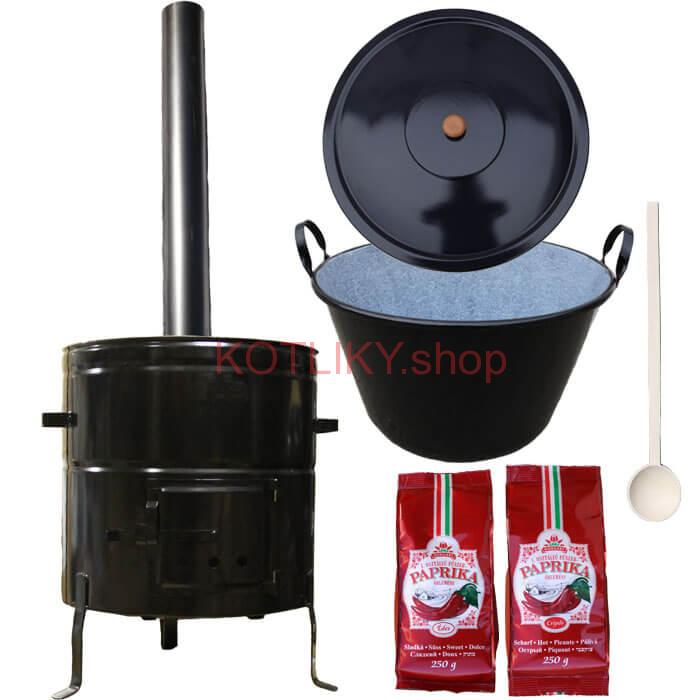 Smaltovaný kotlík na guláš 100 L (1,2 mm) s uškami + kovová kotlina 60 cm a maďarská paprika MAX PARTY