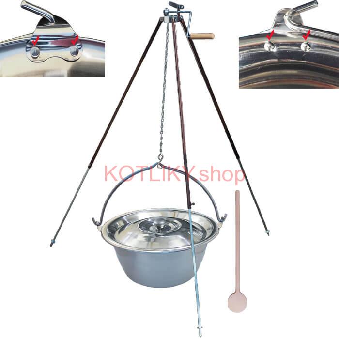 Antikorový kotlík 20 L (0,8 mm) s nitmi + teleskopická trojnožka s poistnou kladkou + pokrievka