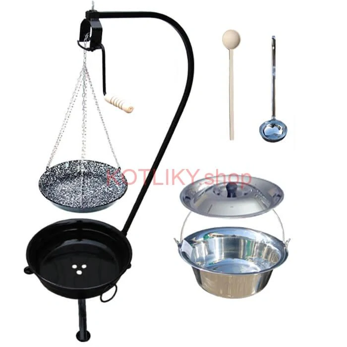 Nerezový kotlík 20 L (1,2 mm) INOX + smaltovaná panvica + ohnisko so stojanom a s poistnou kladkou VAR