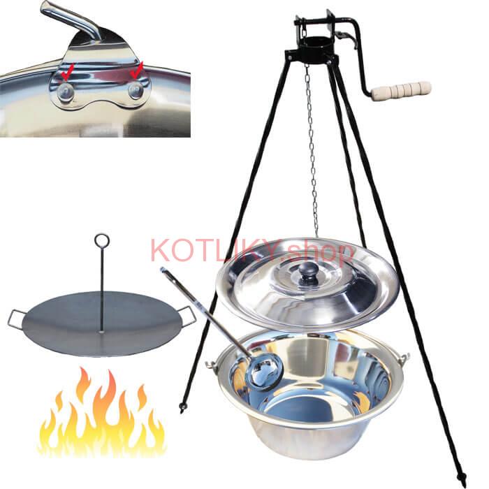 Antikorový kotlík 15 L (0,8 mm) s nitmi + panvica na grilovanie a stojan s kladkou VAR