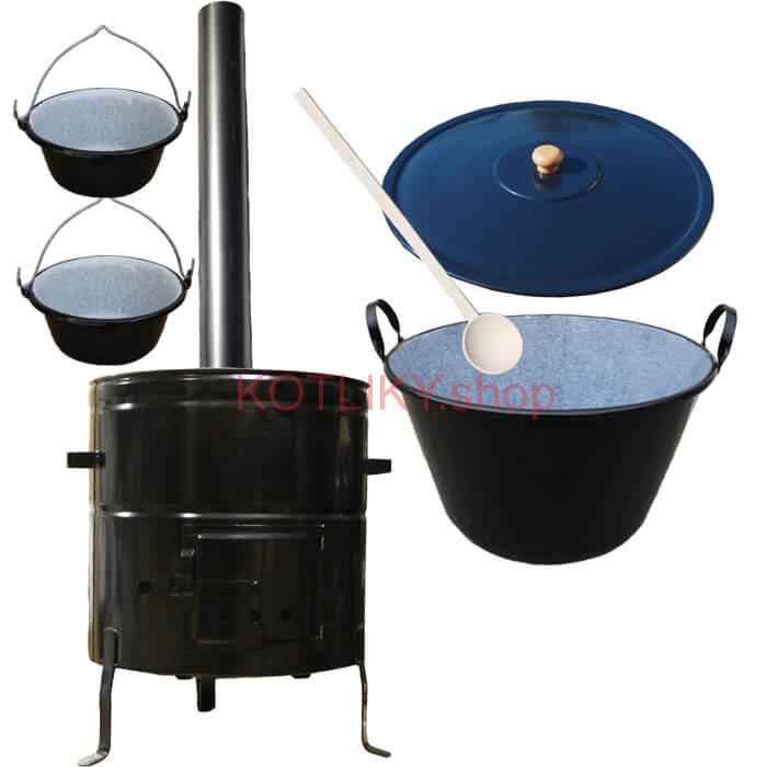 Zabíjačkový smaltovaný kotol 50 L + kovová kotlina 50 cm + 2 servírovacie kotlíky