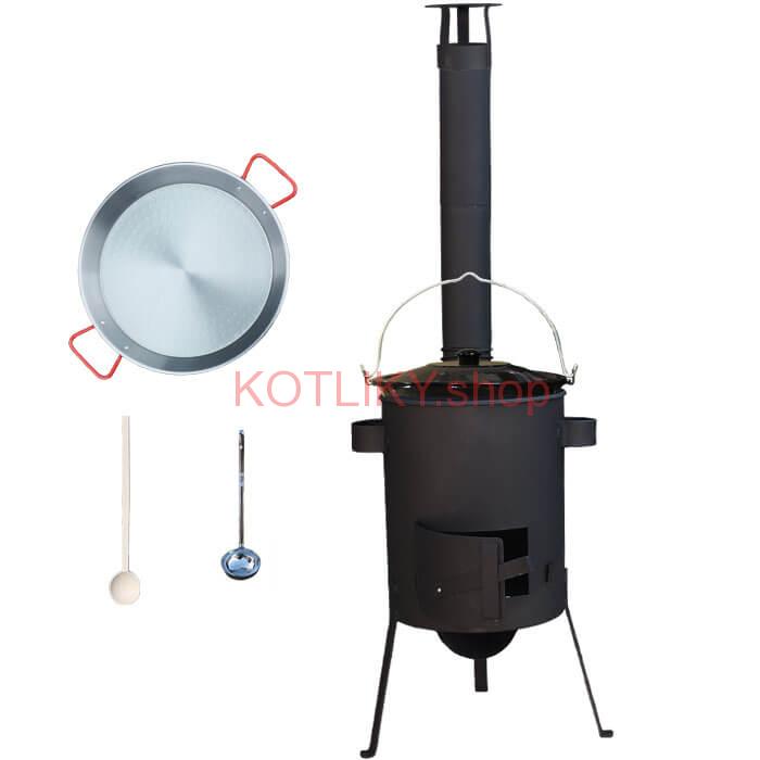 Smaltovaný kotlík 16 L + Paella oceľová panvica 42 cm + žiaruvzdorná kotlina 39 PLUS 600 s roštom na popol 4 mm