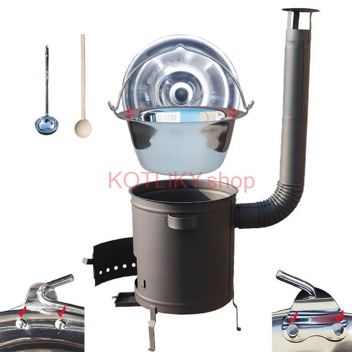 Nerezový kotlík 15 L (0,8 mm) zosilnený s nitmi + hrubostenná (1,5 mm) žiaruvzdorná kotlina 36 PLUS 600