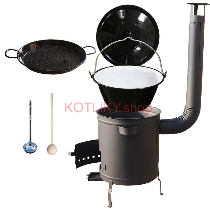 Smaltovaný kotlík 13 L (1,2 mm) + Paella panvica 38 cm + hrubostenná (1,5 mm) žiaruvzdorná kotlina (1,5 mm) 36 PLUS 600