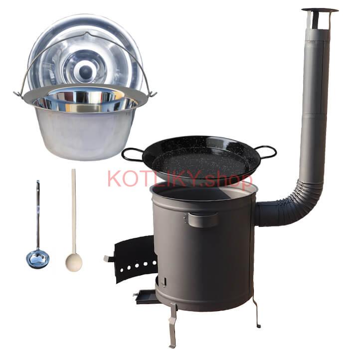 Nerezový kotlík 14 L (0,8 mm) + Paella panvica 38 cm + hrubostenná (1,5 mm) žiaruvzdorná kotlina (1,5 mm) 36 PLUS 600