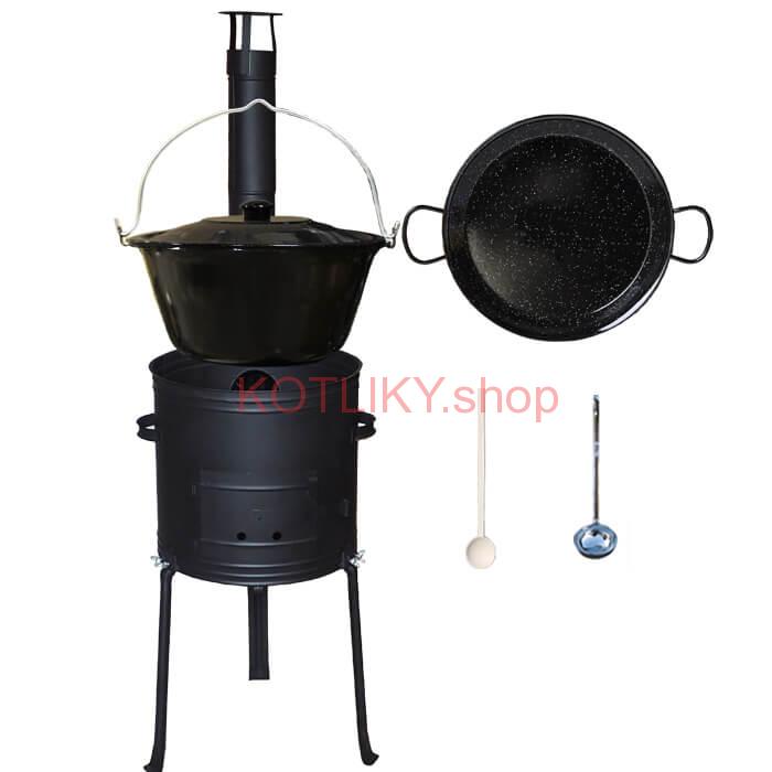 Smaltovaný kotlík 20 L + Paella panvica 46 cm + kovová kotlina s vysokými nožičkami 42 cm, žiaruvzdorná farba Plus 700