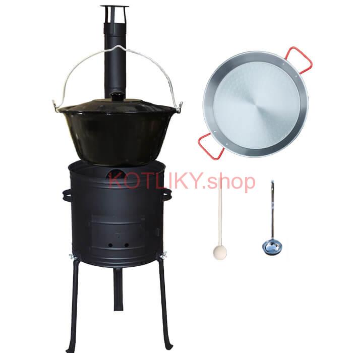 Smaltovaný kotlík 20 L + Paella panvica 46 cm + kovová kotlina s vysokými nožičkami 42 cm, žiaruvzdorná farba Plus 700