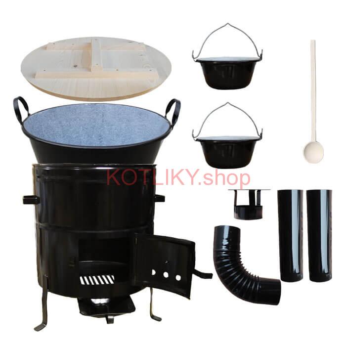 Zabíjačkový smaltovaný kotol 100 L + kovová kotlina 60 cm + 2 servírovacie kotlíky