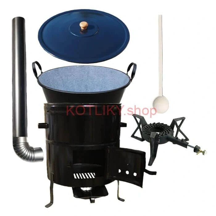 Zabíjačkový smaltovaný kotol 70 L + kovová kotlina 56 cm + horák 7 kW + dymovod