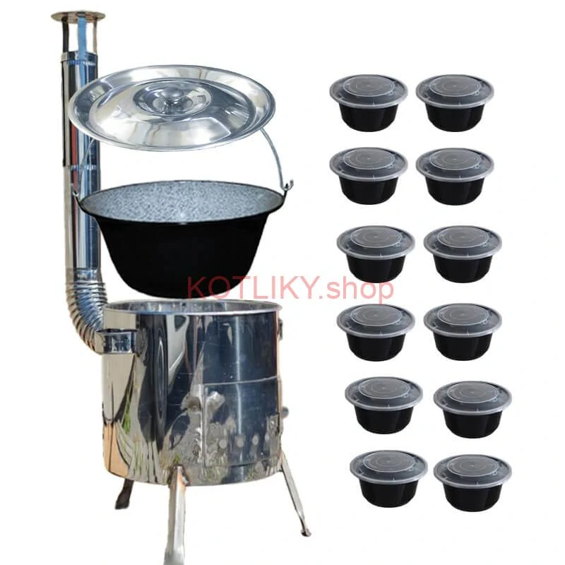 Smaltovaný kotlík 13 L + Nerezová kotlina 36 INOX LUSTRO + misky 12 ks