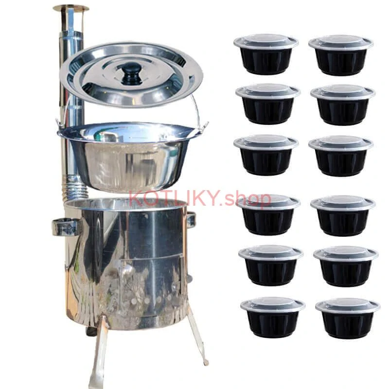Nerezový kotlík 14 L (0,8 mm) INOX + Nerezová kotlina 36 INOX LUSTRO + misky 12 ks