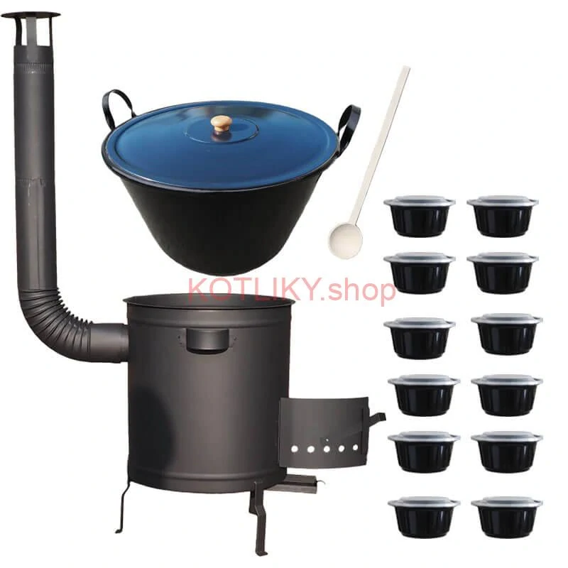 Smaltovaný kotol 70 L + hrubostenná kotlina 53 cm (2 mm) STRONG PLUS 600 + misky 12 ks