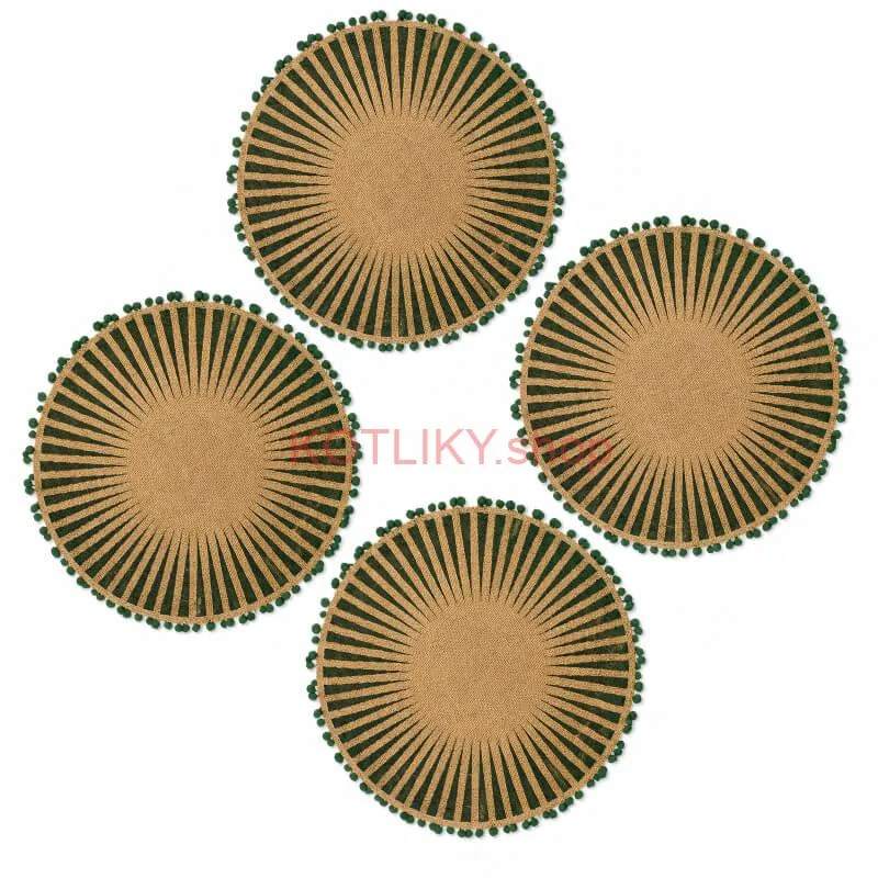 Okrúhle jutové podložky pod tanier zelené s pompónmi 37 cm, 4 ks