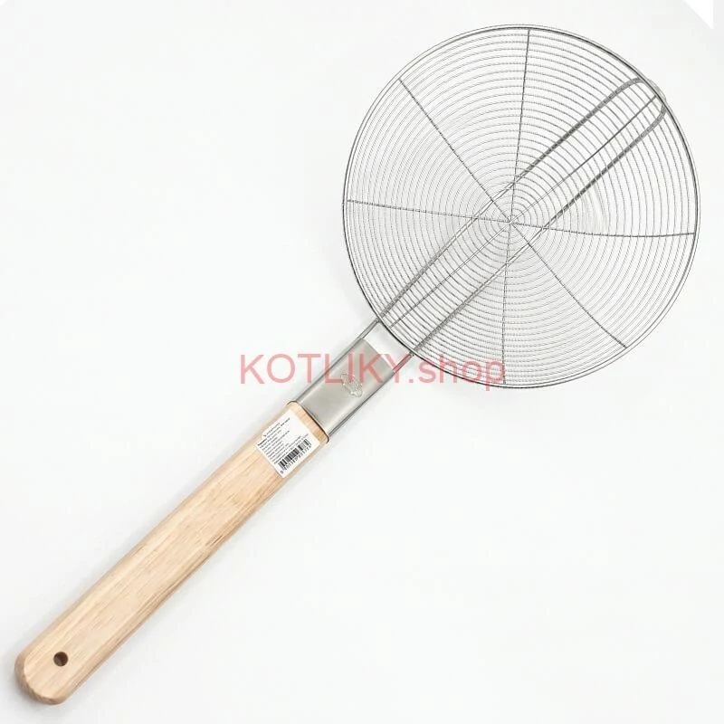 Veľké nerezové sitko 22,5 cm s drevenou rukoväťou – dĺžka 56,5 cm