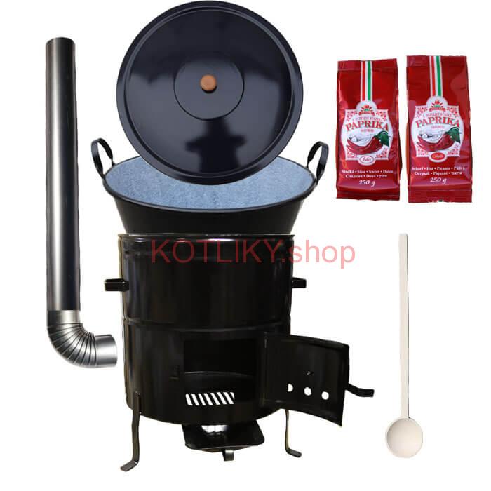 Smaltovaný kotlík na guláš 100 L (1,2 mm) s uškami + kovová kotlina 60 cm a maďarská paprika MAX PARTY