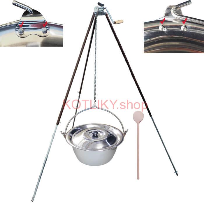 Antikorový kotlík 15 L (0,8 mm) s nitmi + teleskopická trojnožka s poistnou kladkou + pokrievka