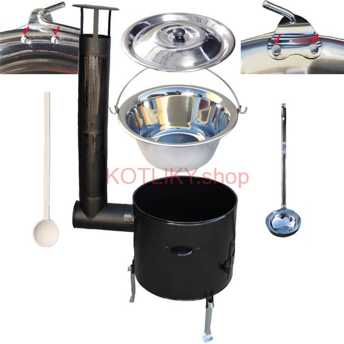 Antikorový kotlík 20 L (0,8 mm) zosilnený s nitmi + smaltovaná kotlina 42 cm + vareška a naberačka Easy party