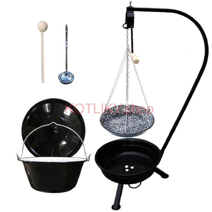 Smaltovaný kotlík 10 L (1,2 mm) + smaltovaná panvica + prenosné ohnisko