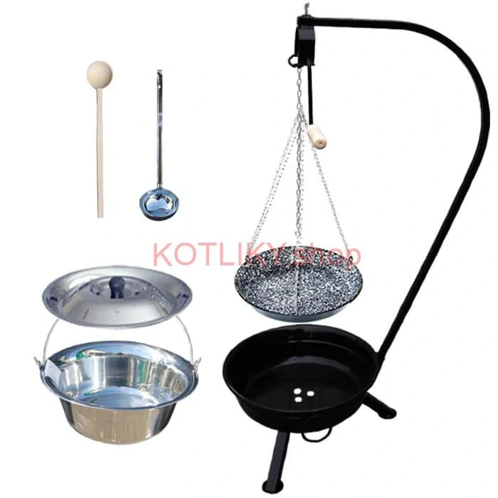 Nerezový kotlík 15 L (1,2 mm) INOX + smaltovaná panvica + ohnisko so stojanom a s poistnou kladkou VAR