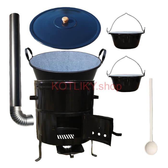 Zabíjačkový smaltovaný kotol 70 L + kovová kotlina 56 cm + 2 servírovacie kotlíky