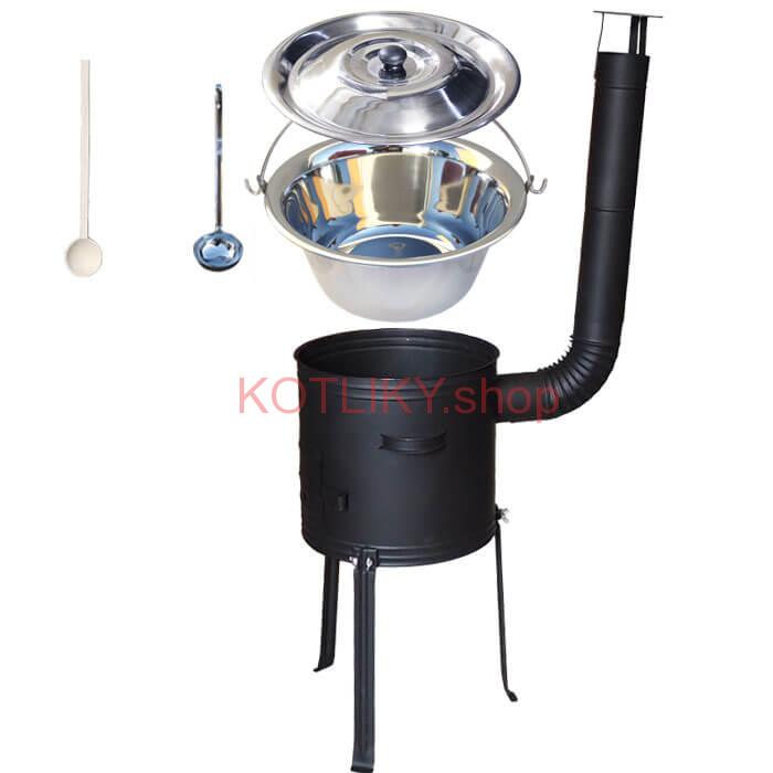 Antikorový kotlík 14 L (0,8 mm) + kovová kotlina s vysokými nožičkami 36 cm + vareška a naberačka