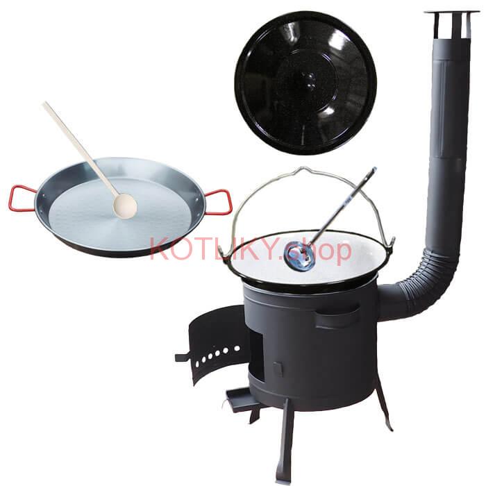 Smaltovaný kotlík 16 L + Paella oceľová panvica 42 cm + žiaruvzdorná nízka kotlina 39 PLUS 600