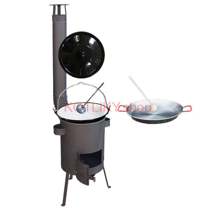Smaltovaný kotlík 16 L + Paella oceľová panvica 42 cm + žiaruvzdorná kotlina 39 PLUS 600 s roštom na popol 4 mm