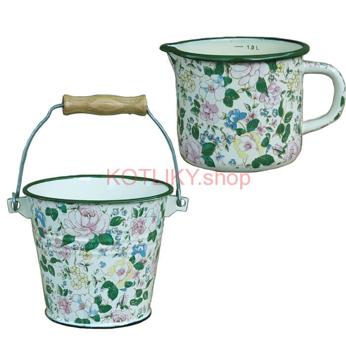 Smaltovaný hrnček s výlevkou 1 L+ vedro 1 L DECOR