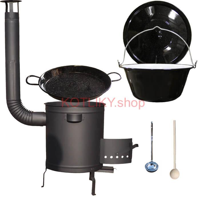 Smaltovaný kotlík 13 L (1,2 mm) + Paella panvica 38 cm + hrubostenná (1,5 mm) žiaruvzdorná kotlina (1,5 mm) 36 PLUS 600