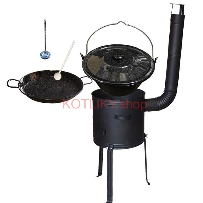 Smaltovaný kotlík 13 L (1,2 mm) + Paella panvica 38 cm + kotlina s vysokými nožičkami 36 cm, žiaruvzdorná farba Plus 700