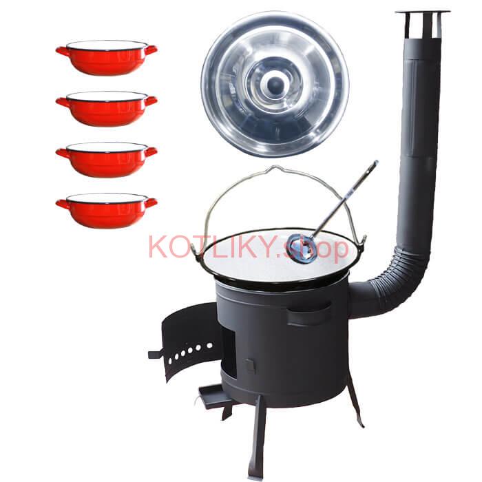 Smaltovaný kotlík 16 L + selské misky 4 ks + nízka žiaruvzdorná kotlina 39 cm PLUS 600