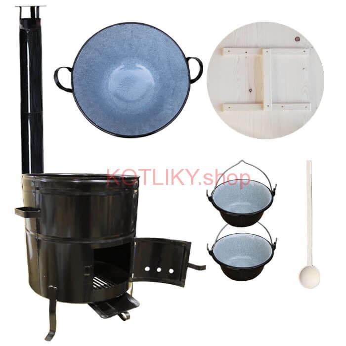 Zabíjačkový smaltovaný kotol 100 L + kovová kotlina 60 cm + 2 servírovacie kotlíky
